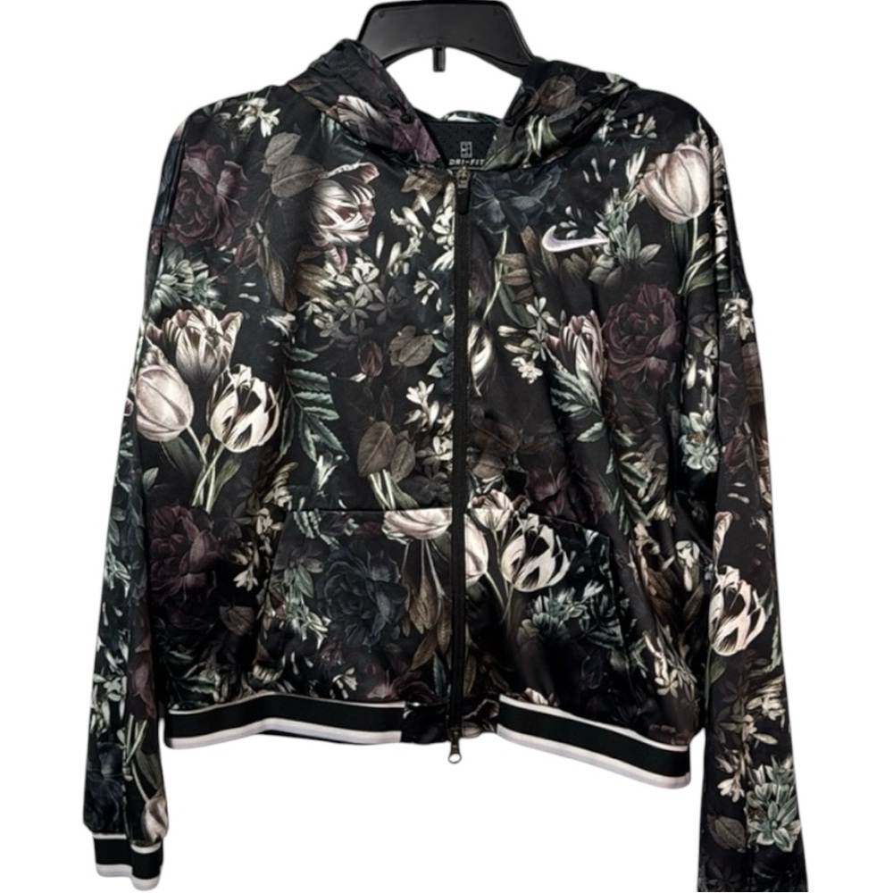Nike Jacket Black Floral Bomber Dri-Fit Crop Hooded in Size L  EUC